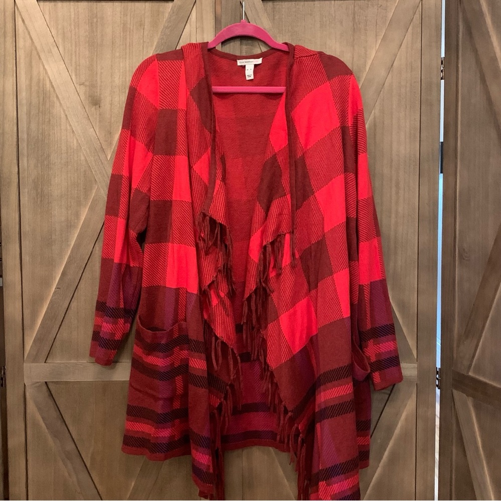 Isaac Mizrahi Live - XL Cardigan Sweater - Plaid Stripe Red Fringe